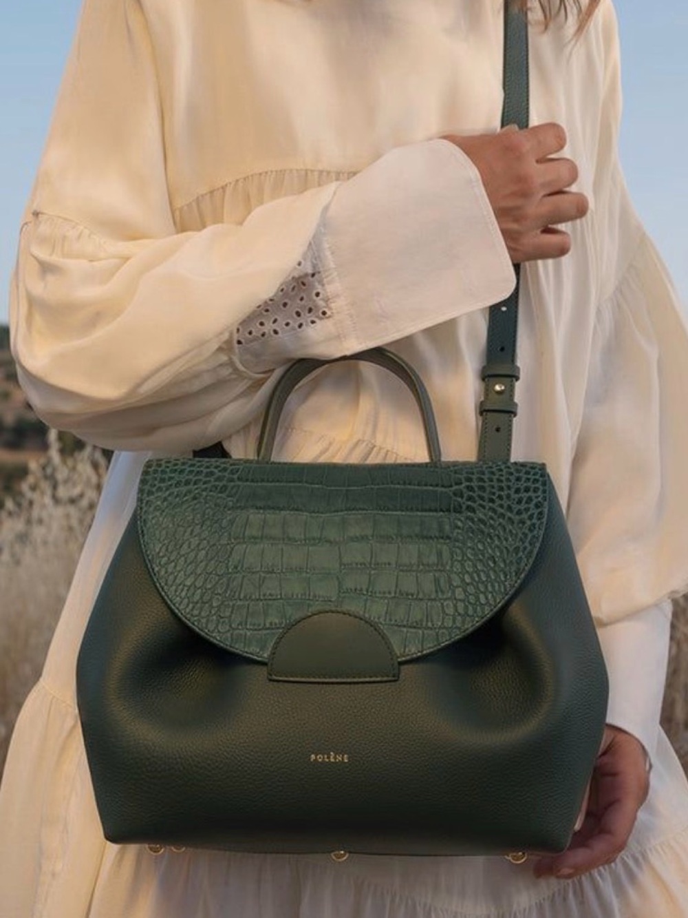 Polène Uno Forest Green Croc-Embossed Flap Leather Satchel